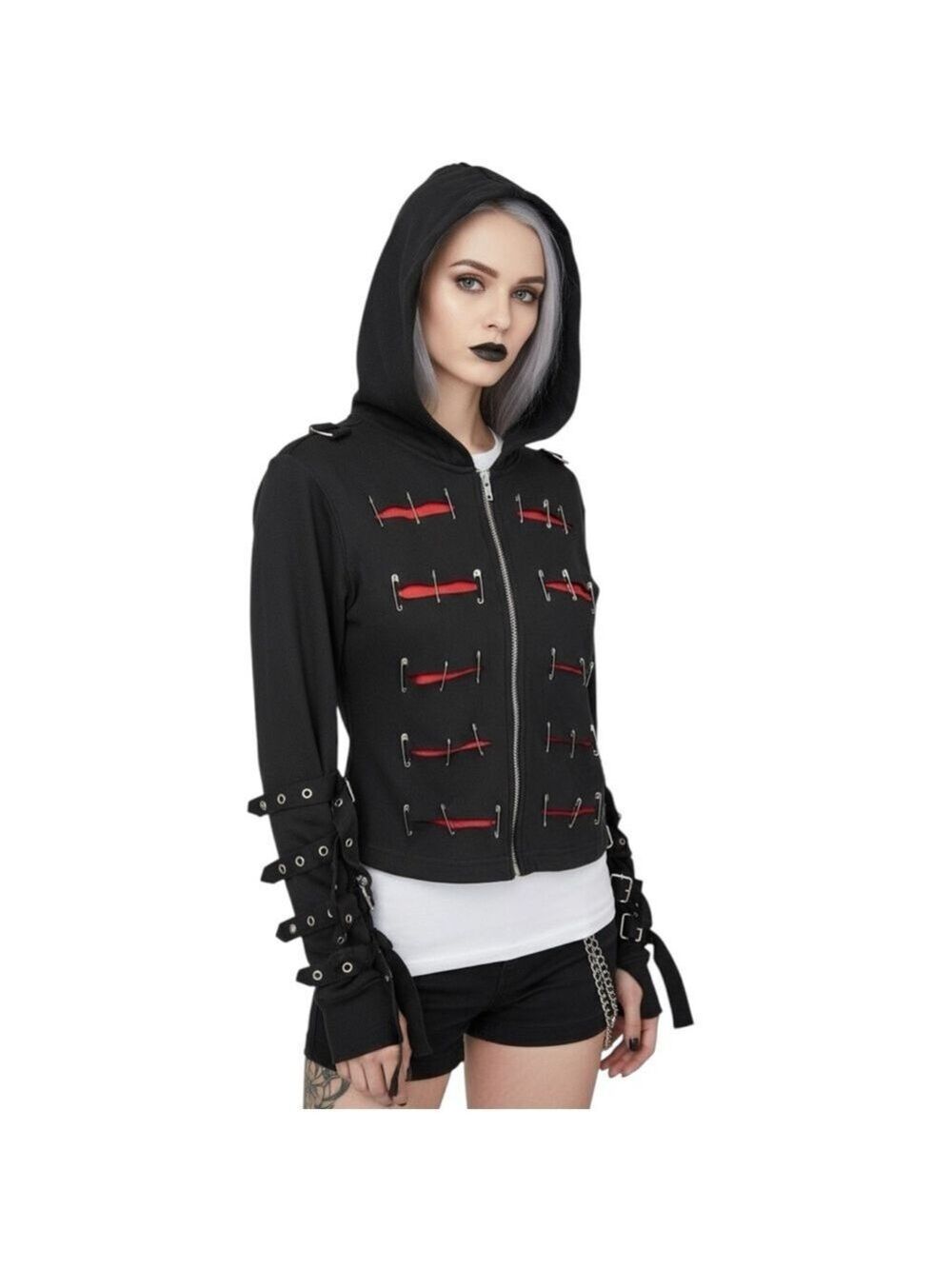 Sexy Dynamite London SDL Safety Pin Hoodie Y2K Goth Punk Black Juniors L Women S